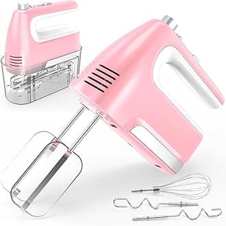 Hand Mixer Electric, 5-Speed Powerful 400W Motor, Hand Mixer Electric Handheld, Handheld Mixer with Turbo Boost & Storage Case, 2x Flat Beaters, 2x Dough Hooks, 1x Whisk for Baking (Pink)