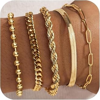 PoxtexGold Bracelets for Women, 14K Real Gold Dainty 7" +2" Adjustable Multilayer Trendy Bracelets Set for Women Waterproof Inclued Beaded, Cuban, Paperclip, Snake, Rope, Figaro, Mirror, Satellite