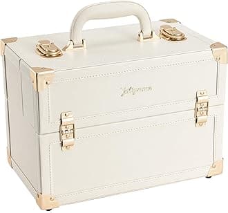 Joligrace Makeup Train Case Vanity Case Large Portable Cosmetic Makeup Storage Box Organizer Lockable with 4 Tray Compartments Retro Champagne Beige Vegan Leather