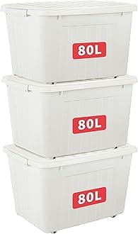 Cetomo 80L*3 Storage Boxes with Lids, Plastic Storage Box with Wheels and Secure Side Latches, Stackable & Nestable Organizer for Home, Office, Moving, PP, White, 80L-3 Pack