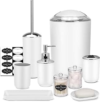 IMAVO Bathroom Accessory Set - 8 Pcs White Bathroom Accessories Set with Trash Can, Soap Dispenser, Soap Dish, Toothbrush Holder, Toothbrush Cup, Toilet Brush Holder, Qtip Holder Dispenser with Labels