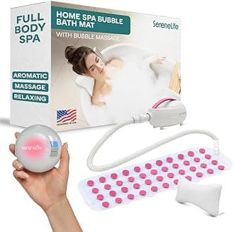 SereneLife Bubble Bath Mat - Portable Spa Bubble Bath Massager with Waterproof Bath Light & Pillow, Adjustable Bubble Intensity, Easy Button Control, Remote Control (Pink)
