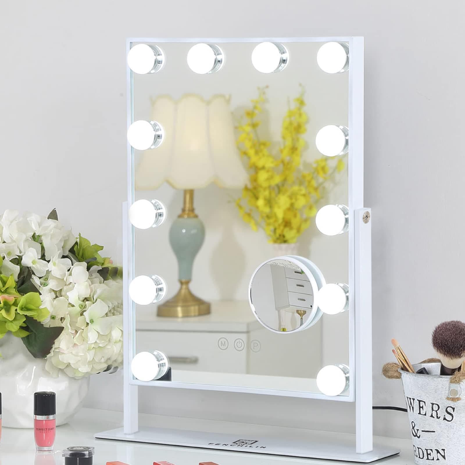 FENCHILIN Lighted Vanity Makeup Mirror with Lights Hollywood Mirror Desk Mirror with Bulbs Light Smart Touch Control 3Colors Dimmable Light Detachable 10X Magnification 360°Rotation