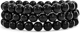 Unisex Stackable Set of 3 Gemstone Round Beads 8MM for Women Teen Men Multi-Strung Adjustable Stretch Bracelet, gemstone, onyx (striped agate)