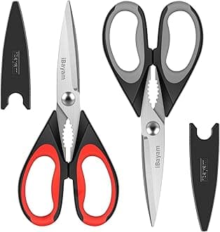 iBayam Kitchen Shears, 2-Pack Kitchen Scissors Heavy Duty Meat Scissors, Dishwasher Safe Cooking Scissors, Multipurpose Stainless Steel Sharp Utility Food Scissors for Chicken (Red,Black,Grey),(02)