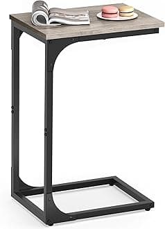 C-Shaped Side Table, Bedside Table, Sofa Side Table, Coffee Table, with Metal Frame, Industrial, for Living Room, Bedroom, Heather Greige and Black LET350B02