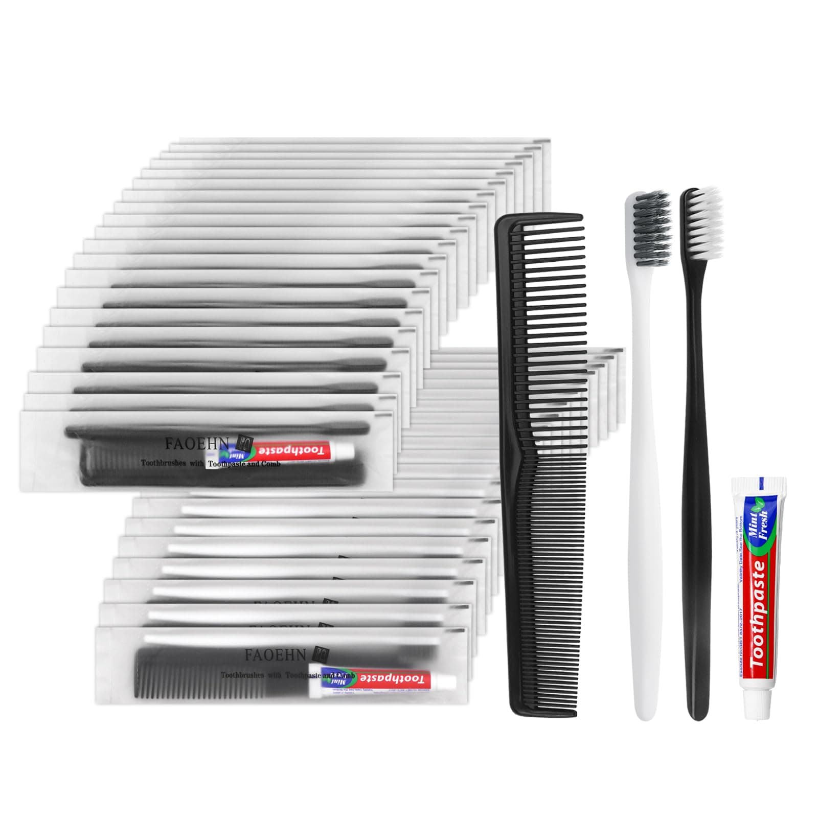 30Pack Disposable Toothbrushes with Toothpaste and Comb Set,10gToothpaste,7inch Hair Comb,Individually Wrapped Disposable Travel Toothbrushes Kit in Bulk for Homeless,Airbnb,Hotel,Shelter(Black+White)
