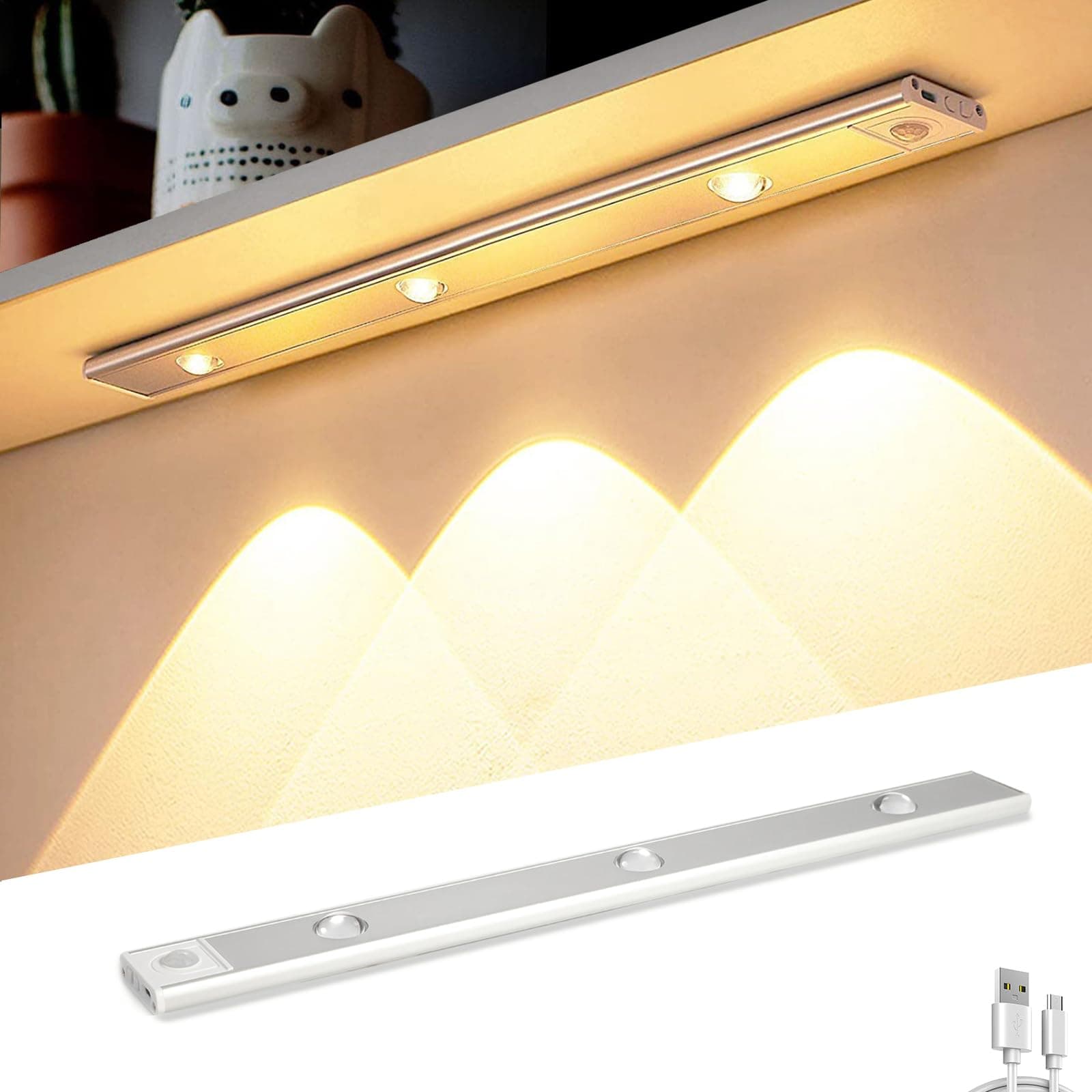 LED Motion Sensor Under Cabinet Lighting Wireless, 3-Color Dimmable Rechargeable Magnetic Mounting Under Counter Lights Bar for Kitchen Bedroom Closet Cupboard