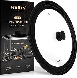 Universal Lid for Pots, Pans and Skillets Fits 10.5", 11.5" and 12" Diameter Cookware - Walfos Tempered Glass Pan Lid with Heat Resistant Silicone Rim, BPA Free Large Pot Lids, Dishwasher-Safe, Black