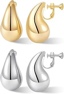 Gold Drop Clip On Earrings Dupes Teardrop Chunky Non Pierced Earring 14K Real Gold Plated Hypoallergenic Lightweight Earrings for Women（Gold and Silver）