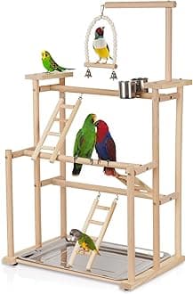 Pet Parrot Playstand Parrots Bird Playground Bird Play Stand Wood Perch Gym Playpen Ladder with Feeder Cups Bells for Cockatiel Parakeet (3 Layers)