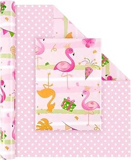 WERNNSAI Flamingo Reversible Wrapping Paper Roll - 1 Roll 17” x 33 ft Happy Birthday Wrapping Paper Roll Kids Pink Flamingo Birthday Gift Wrap Roll Girls Wrap Paper Polka Dot Design Summer Party Favor