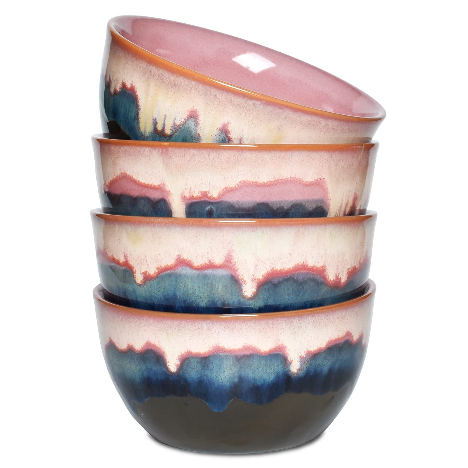 Bosmarlin Stoneware Cereal Bowls Set of 4, 26 Oz, Pink Soup Bowls for Oatmeal, Salad, Dishwasher and Microwave Safe, Reactive Glaze (26 Oz, Pink)
