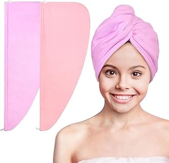 Basumee Microfiber Hair Towel Wrap for Kids 2 Pack Rapid Drying Hair Towel with Button Hair Turbans for Wet Hair Wraps Head Towel Wrap for Women and Girls