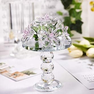 H&D HYALINE & DORAPink Crystal Flower Figurine Ornament, Glass Flower Home Decor for Feng Shui with Rotating Base,Gift Boxed