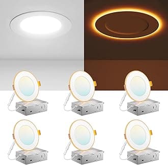 Amico 6 Pack 4 Inch 5CCT LED Recessed Ceiling Light with Night Light, 2700K/3000K/3500K/4000K/5000K Selectable Ultra-Thin Recessed Lighting, 10W=90W, 700LM, Dimmable Canless Wafer Downlight - ETL&FCC