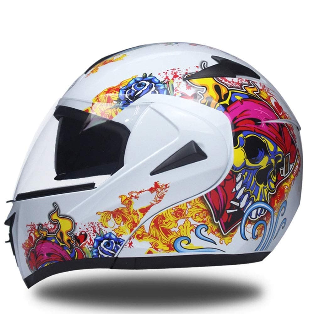DAMAI STORE Solid Skull Pattern Electric Car Helmet Double Lens Open Face Helmet Motorcycle Outdoor Riding Full Face Helmet Four Seasons Universal Effective (Color : White, Size : M)