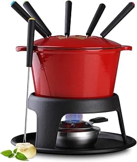 Artestia Cast Iron Fondue Set, 11-Piece, Serve 6 Persons (Red)