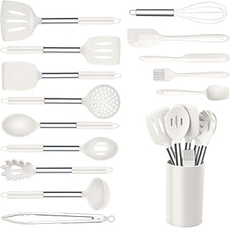 Onader Silicone Kitchen Utensils Set, 15pcs White Silicone Cooking Utensils Set with Holder, Includes Heat Resistant Spatula Turner Spoon Whisk Tong