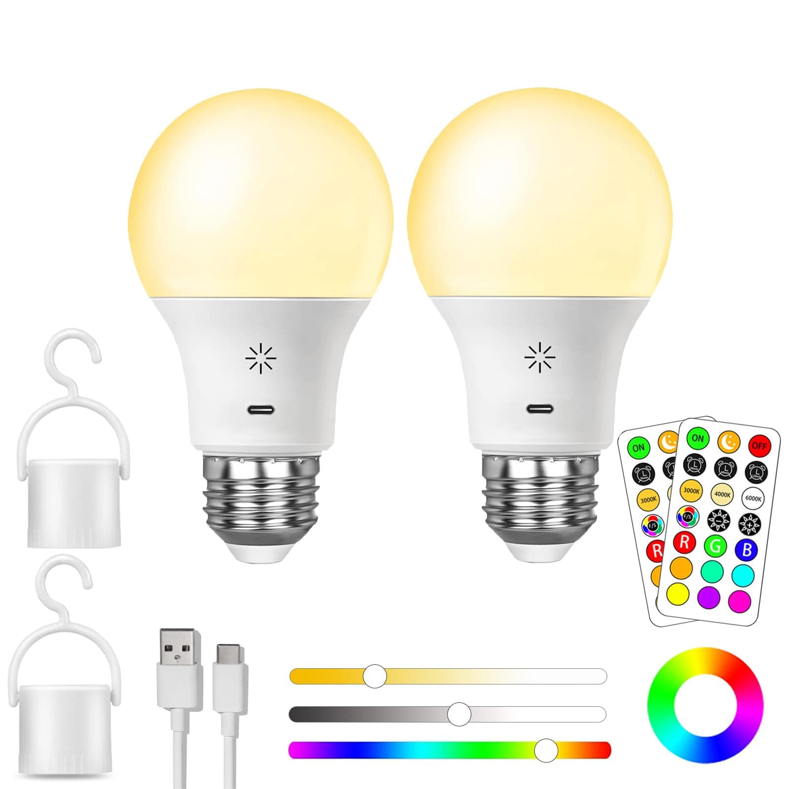 USB Rechargeable Battery Light Bulb with Remote Control, E27 Smart Colour Changing Coloured RGB Bulbs, 9 + 3 Colour Temperature, 8 W LED Dimmable Touch Control Battery Lamp with Timing Function, 2600