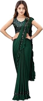 Dhyey fashion Fashionable Baby Girls Lycra Blend Saree with Velvet Unstitched Blouse Piece | Readymade Saree For Girls | Sarees For Girls