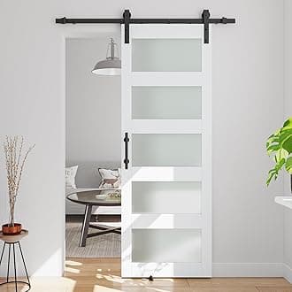 30in x 84in 5-Panel Sliding Glass Barn Door with 5ft Hardware Kit Included, Easy Assembly with Pre-Drilled Holes, Waterproof, Frosted Glass for Bathroom-Fit Max Opening 28in x 82in, White