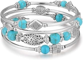 Layered Wrap Bangle Turquoise Bracelet - Bead Bracelet with Natural Agate Stone, Gifts For Women