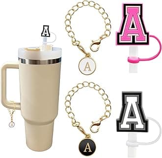 （2+2） 2PCS Straw Cover for Stanley Cup 30&40 Oz 10mm Straw Topper with 2PCS Stanley Cup Accessories Letter Charms Name ID Initial Letter Handle Personalized Charm For Stanley Tumbler (Letter A)