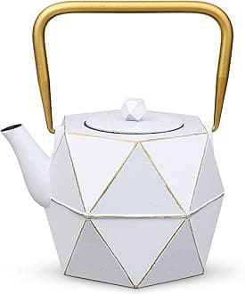 Tea Kettle, TOPTIER Japanese Cast Iron Teapot with Stainless Steel Infuser, Cast Iron Tea Kettle Stovetop Safe, Diamond Design Teapot Coated with Enameled Interior for 30 oz (900 ml), White