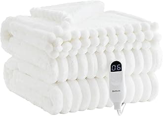 Bedsure Electric Blanket Twin - Thick Striped Flannel Electric Blanket, Heating with 10 Time Settings, 6 Heat Settings, and 8-Hour Timer Auto Shut Off, Gift for Grandma (62x84 inches, White)