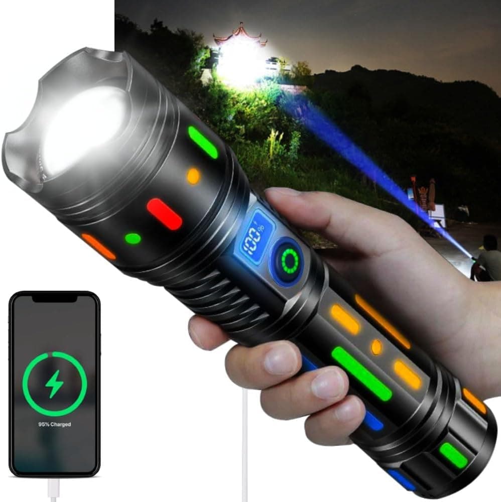 High Powered Handheld Flashlight, Rechargeable LED Torch with a Long-Range Reach, Colorful Fluorescent Strips Body, Mechanically Zoomable, for Hunting, Searching, Fishing, Exploring.