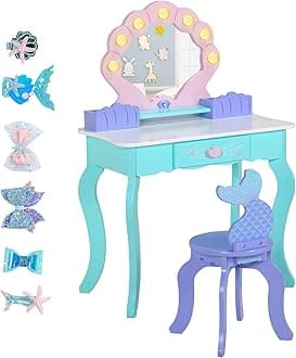BRINJOY Kids Vanity with Lights, Wooden Princess Vanity for Girls, 2 in 1 Ocean Theme Toddler Dressing Table and Chair Set, Little Girl Makeup Vanity with Mirror for Children Birthday