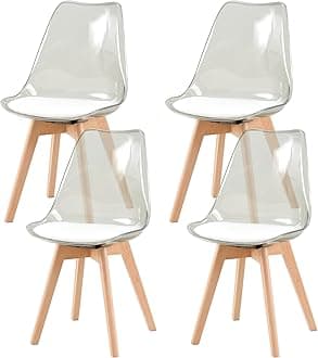Set of 4 Dining Chairs Modern Kitchen Clear Acrylic Dining Chairs with PU Leather Cushions and Solid Beech Wood Legs for Living Room and Bedroom Grey