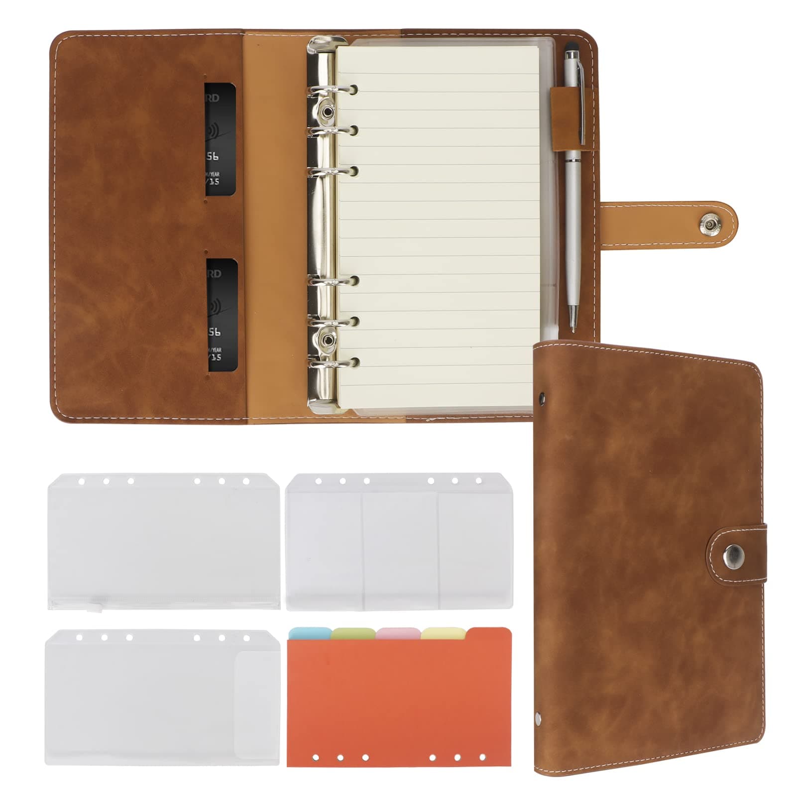 Leather A6 Ring Binder Notebook, 6 Ring Binder with A6 Refill Papers, Binder Pockets and Subject Dividers Paper Sheet, Travel Binder Journal Personal Planner with Ring Binder Brown