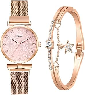Womens Watch Gifts Set with Bracelet Rose Gold for Lady Female Elegant Luxury Wrist Watches Ladies Stylish Bracelet Watches
