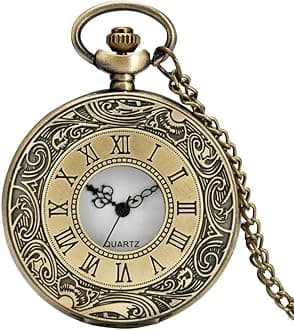 Tiny Tim Vintage Roman Numerals Pocket Watch Keychain – Antique Brass Finish Quartz Timepiece (Roman Number)