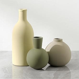Vases Set of 3, Ceramic Vases Home Decor Rustic Vase Set Table Decor Vase Pottery Vases for Bouquet Pampas Grass Dried Fresh Flowers, Living Room Kitchen Bedroom Bathroom Entryway -Light Color