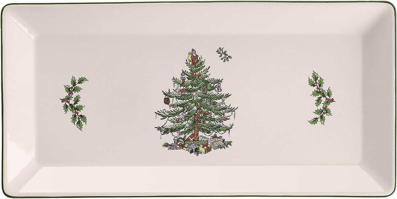 Christmas Tree 14-Inch Rectangular Sandwich Tray, Porcelain Serving Platter for Tea Sandwiches, Desserts, Appetizers - Holiday Tableware with Festive Charm, Dishwasher, Microwave, Freezer Safe