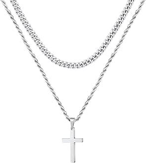 UrsteelLayered Cross Necklace for Men - 18K Gold Silver Black Cross Necklaces Chain for Men, Layered Rope Chain Cross Necklace for Men 16 18 20 22 24 Inch