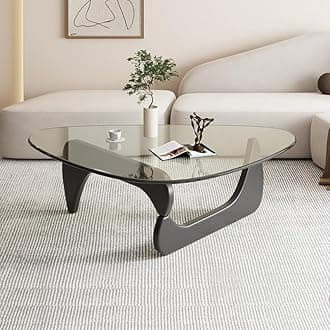 Triangle Coffee Table Modern Noguchi End Table, Solid Wood Base and 8mm Thick Tempered Glass Top Accent for Living Room Office Hotel Patio (Black Legs + Transparent Glass, 36 * 26 * 16)