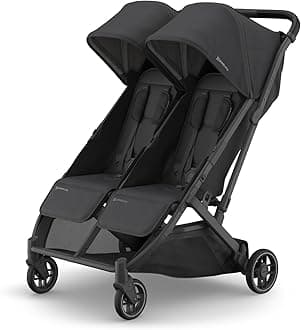 UPPAbaby Minu Duo Side-by-Side Double Stroller - Lightweight + Compact Design for Travel - Easy Fold- from Birth to Toddler - Independent Recline - Jake (Charcoal/Carbon Frame/Black Leather)