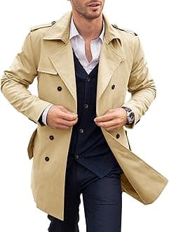 PASLTERMens Trench Coat Notched Lapel Double Breasted Long Jacket Windbreaker Overcoat Pea Coat