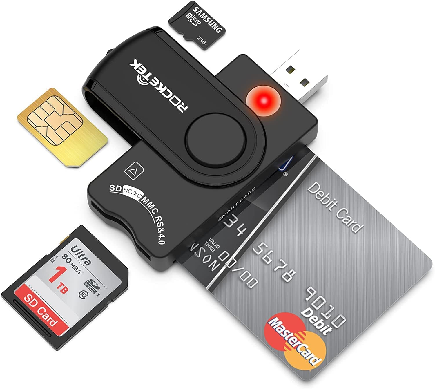 Rocketek CAC Reader DOD Military USB Common Access CAC Smart Card Reader,SDHC/SDXC/SD & Micro SD Memory Card Reader for SIM and MMC RS & 4.0, Compatible with Windows, Linux/Unix, MacOS