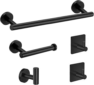 5-Pieces Matte Black Bathroom Hardware Set SUS304 Stainless Steel Round Wall Mounted - Includes 24" Hand Towel Bar, Toilet Paper Holder, 3 Robe Towel Hooks, Bathroom Accessories Kit