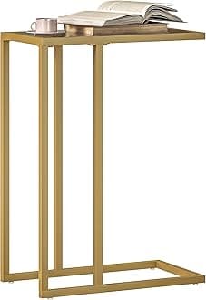 C-Shaped Side Table, Modern Slim End Table with Tempered Glass Tabletop, Steel Frame for Small Space, Living Room, Bedroom, Gold Tone