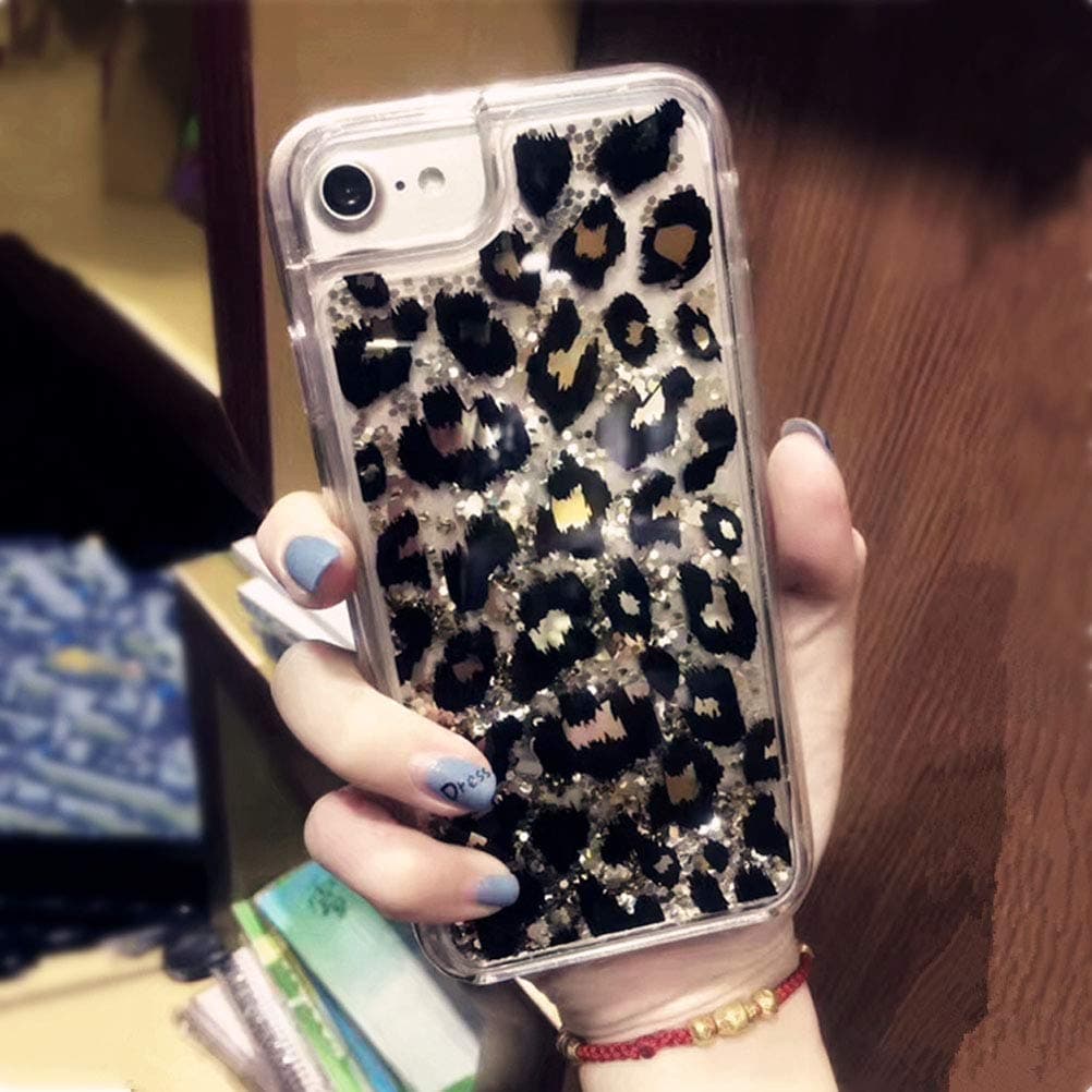 Compatible with iPhone SE Case Leopard Sparkle Glitter Bling Liquid Case for Girls Women Flowing Liquid Floating Soft TPU Bumper Hard Clear Case Phone Cover for iPhone SE/ iPhone 7/ iPhone 8