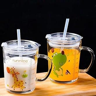 KELVEE Random Design Glass Measuring Drinking Milk Mug with Handle and Clear Lid with Silicone Straw for Girls & Kids Multiple Usage 350 ml (Set of 2)