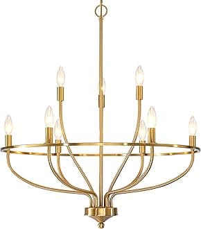 Gold Chandelier for Dining Room, 28.5 Inch Diameter Modern Farmhouse Candle Chandelier Light Fixture Over Table, 9-Light Brass Chandelier Lighting for Kitchen, Bedroom, Living Room (E12 Base)