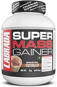 Labrada Super Mass Gainer 3kg|High-Calorie Protein Powder for Muscle Growth & Recovery |1246 Calories|265g Carbs|Chocolate Ice Cream Flavor|3g Creatine|500mg Glutamine, 3000gm, 1 count, 9 servings