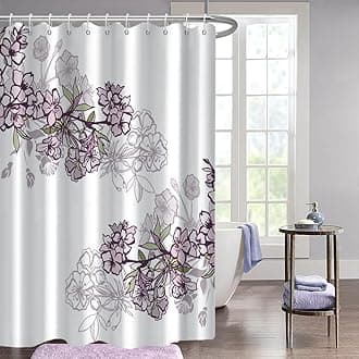 Floral Shower Curtain, Aesthetic Purple Flower Shower Curtain Set for Bathroom Waterproof Fabric Spring Bathroom Curtain with Hooks, 72x84 Inch